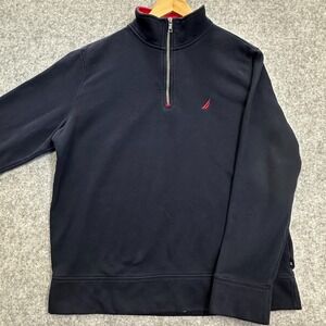 Nautica Sweatshirt Mens L Navy Blue Red Trim Quarter Zip Pullover